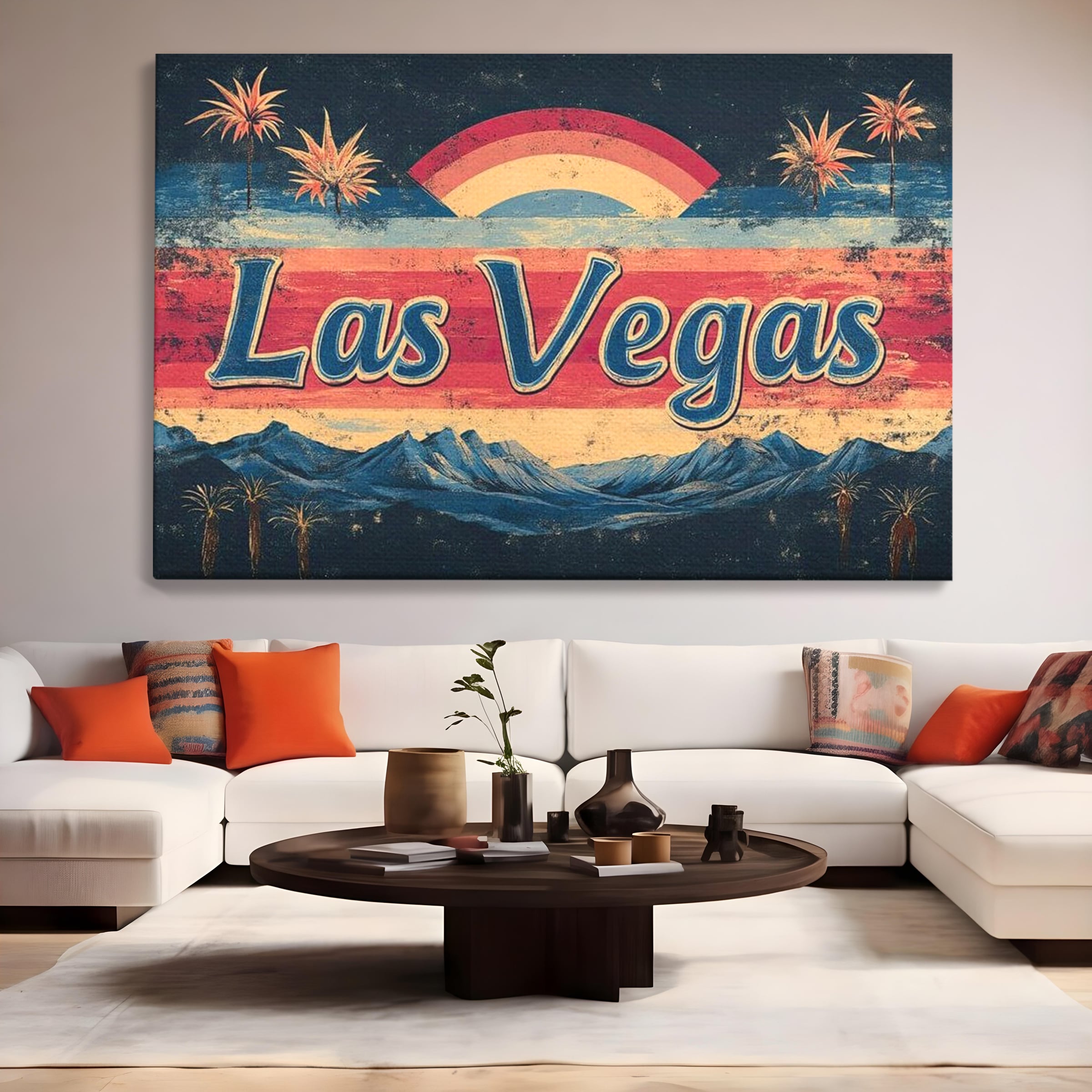 Tablou canvas cu ilustratie retro las vegas cu curcubeu si munti, fara rama, pe sasiu de lemn, pe perete intr-un living